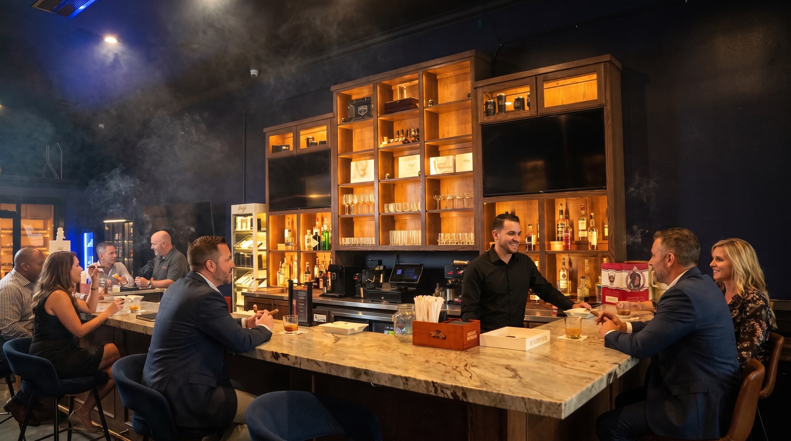 A Bartender Behind The Bar With Guests At Humidor On Austin, Downtown Waco