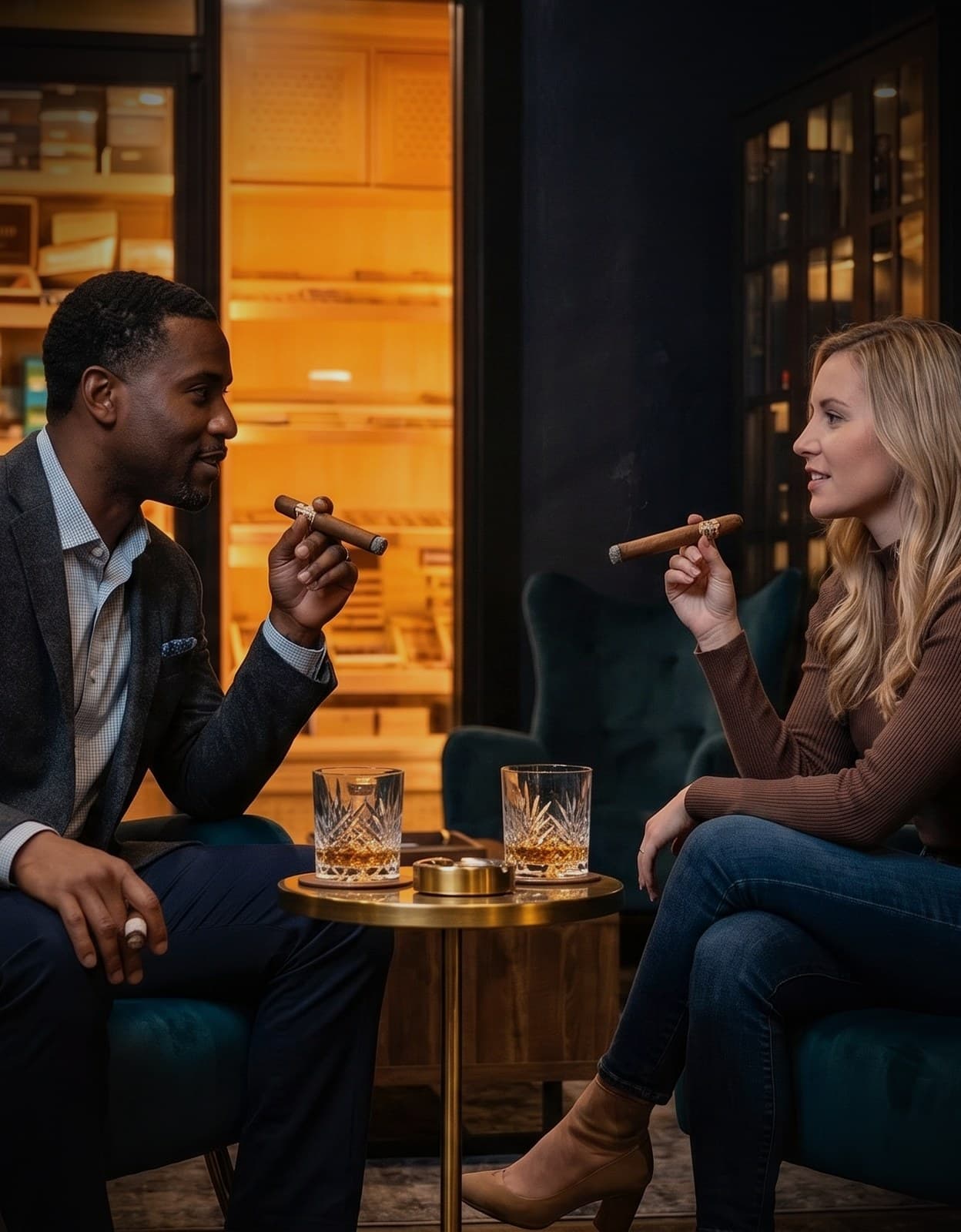 Couple Enjoying A Date Night Cigar Conversation At Humidor On Austin