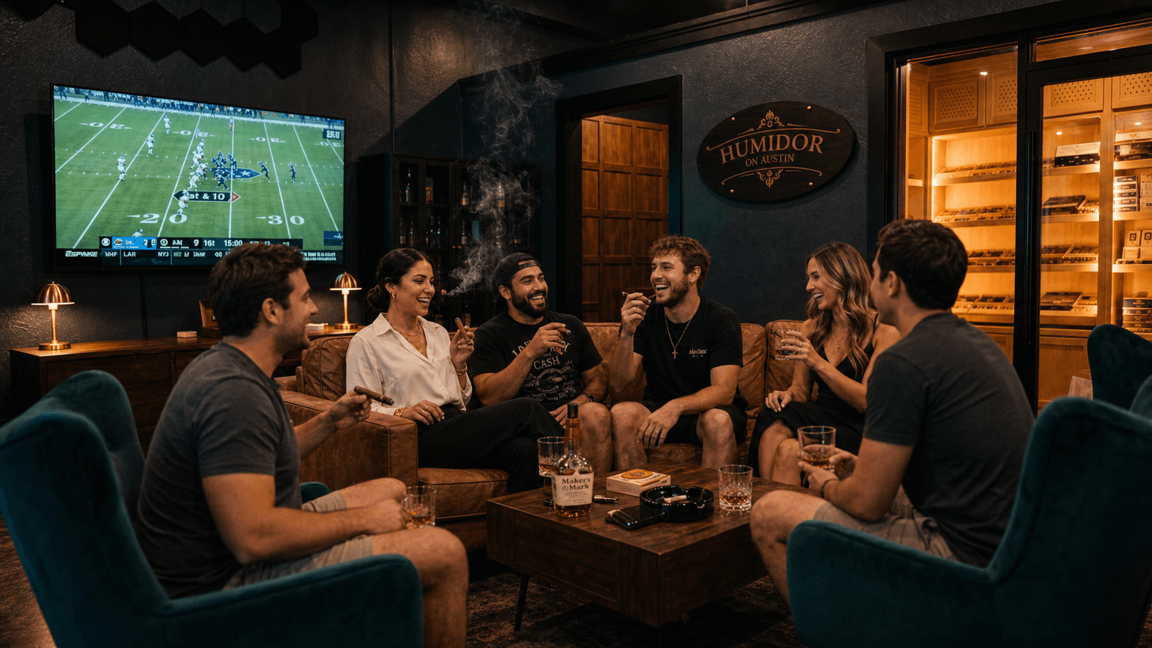 Members Watching Sports And Enjoying Cigars At Humidor On Austin